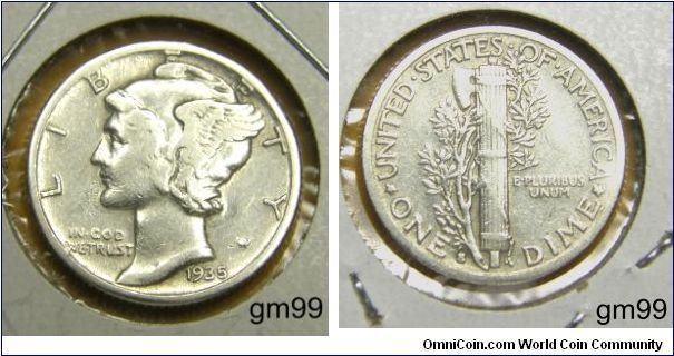 1935S, Mercury Dime. the head of a winged-capped Liberty was put on the dime and is commonly known by the misnomer of Mercury dime; the back featured a fasces. Metal content:
Silver - 90%
Copper - 10%