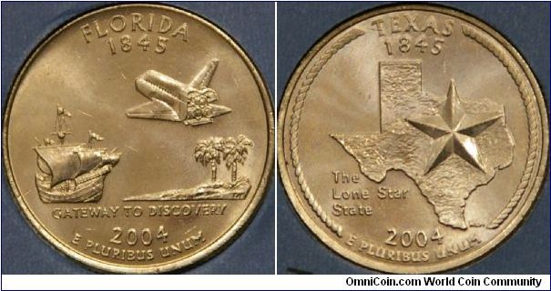Florida & Texas, 27th & 28th states, and the two southernmost states on the continental US.
Florida depicts the space shuttle, the ship of Ponce de Leon, and a Sabal palm trees.   
Texas depicts an outline of the state, the 'lone star', and a lariat rope around the edge. (ref. usmint.gov)