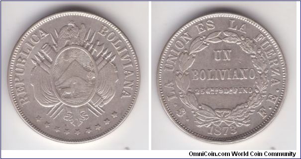 KM-160.1, 1873 FE essayer Bolivia boliviano in XF but cleaned condition; usual multiple die breaks and a bit of extra matel on rims, mostly on reverse.