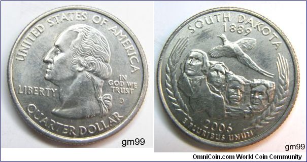 Admitted into the Union on November 2, 1889, South Dakota became the Nation's 40th state. The South Dakota quarter features an image of the State bird, a Chinese ring-necked pheasant, in flight above a depiction of the Mount Rushmore National Monument, featuring the faces of four American Presidents: George Washington, Thomas Jefferson, Theodore Roosevelt and Abraham Lincoln.