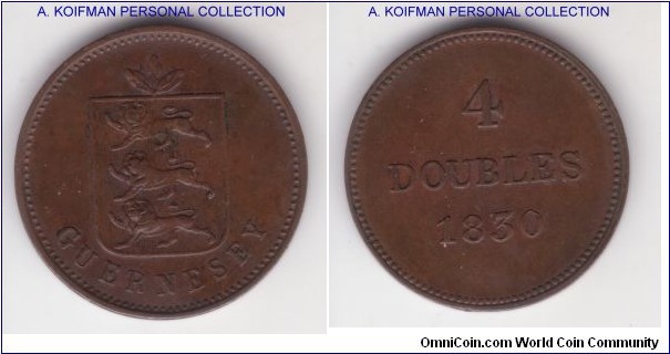 KM-2, 1830 Guernsey 4 doubles; copper, plain edge; good extra fine, dark brown.
