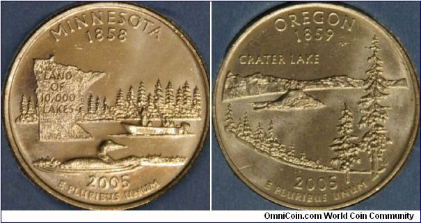 Minnesota & Oregon, 32nd & 33rd states.  
Minnesota depicts an outline of the state, a loon and fishermen on a tree lined lake.
Oregon depicts it's most famous lake.  'At 1,949 feet, it is the deepest lake in the United States and the seventh deepest in the world, and has a record clarity depth of 134 feet.' (ref. http://www.usmint.gov/mint _programs/50sq_program/states/ index.cfm?state=OR