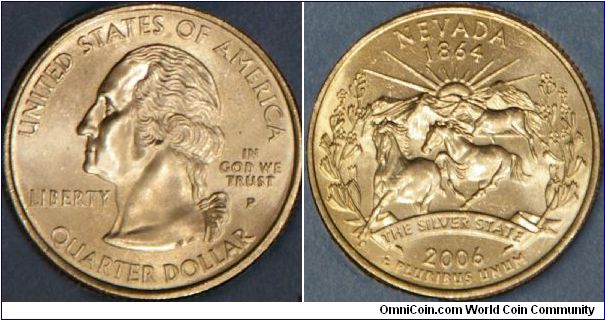 Nevada, 36th state.  Home to over 50% of the country's wild horses, also depicts the sun rising over snow capped mountains and bordered by sagebrush. (ref. http://www.usmint.gov/mint _programs/50sq_program/states /index.cfm?state=NV