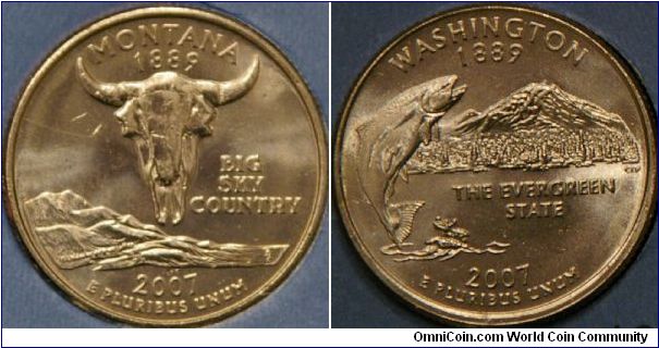 Montana & Washington,  41st & 42nd states.  
Montana depicts a bison skull over Montana landscape.  
Washington shows a king salmon and Mount Rainier