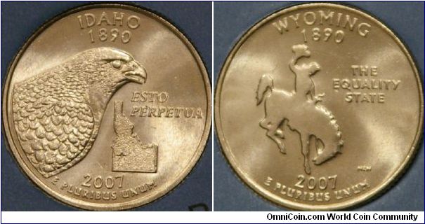 Idaho & Wyoming, 43rd & 44th states.  
Idaho shows a Peregrine Falcon over an outline of the state and the words 'Esto Perpetua' which means, 'May it be Forever'.  
Wyoming shows a bucking bronco and rider of the 'wild west'.  (ref. usmint.gov)