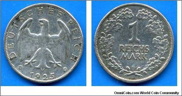 1 Reichsmark.
Weimar's republic.
'G'- Karlsruhe mint.
Mintage 452,000 units.


Ag500f. 5,0gr.