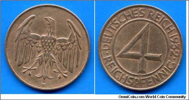 4 reichspfennig.
Weimar's republic.
'D'- Munich mint.
Mintage 7,055,000 units.


Br.