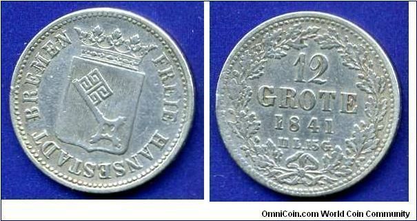 12 grote (1/6 Thaler).
Free Hansastadt Bremen.
Mintage 112,000 units.


Ag740f. 3,88gr.