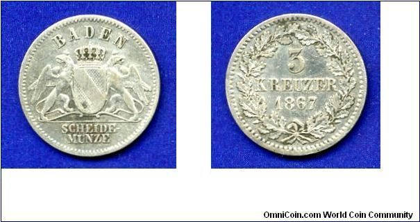 3 kreuzer.
Baden.
Friedrich I, Grand Prince (1856-1907).
Mintage 389,000 units.


Ag350f. 1,23gr.