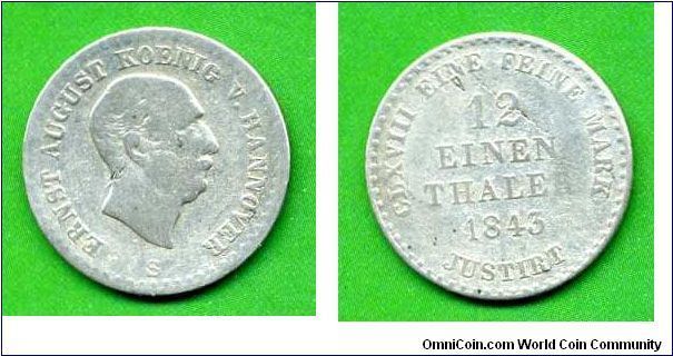 1/12 Thaler.
Kingdom of Hannover.
Ernst August (1841-1851).


Ag520f. 2,67gr.