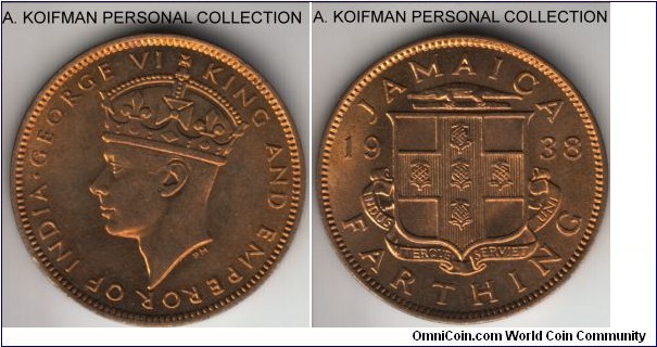 KM-30, Jamaica 1938 farthing; nickel-brass, plain edge; bright golden toned red uncirculated, first year of the type and George VI mintage.