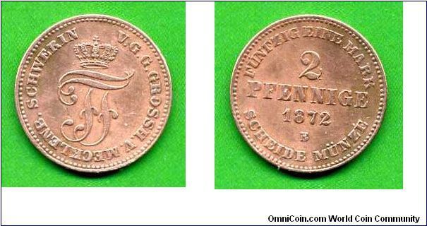 2 pfennige. 1/50 of Mark.
First editions of decimal coinage.
Meklenburg-Schwerin.
Friedrich Franz II (1842-1883).


Cu.