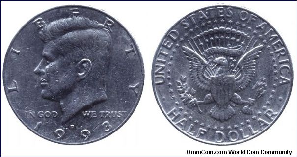 USA, 1/2 dollar, 1993, Cu-Ni, J. F. Kennedy.                                                                                                                                                                                                                                                                                                                                                                                                                                                                        