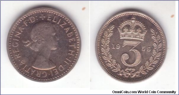 KM-901, 1955 Great Britain maundy 3 pence; Queen's portret shows up in cameo like highly polished style that shows up funny on the obverse.