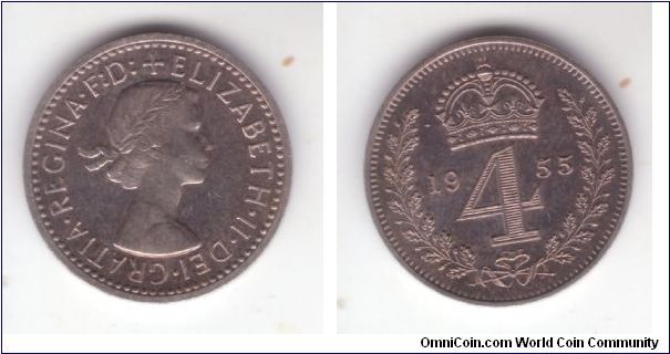 KM-902, Great Britain maundy four pence; this one is quite nice, slightly toned but uncirculated proof like sample.