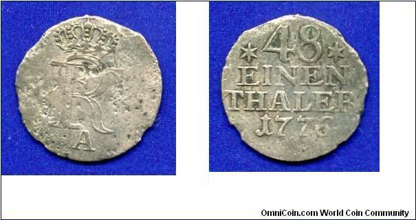 1/48 Thaler.
Kingdom of Prussia.
Fridrih II (1740-1786), The Great.
'A' mintmark.


Ag250f. 0,97gr.