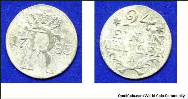 1/24 Thaler - (folkname - Schtifelkneht).
Prussia.
Friedrih II (1740-1786), The Great.
'A' mintmark.


Ag368f. 1,99gr.