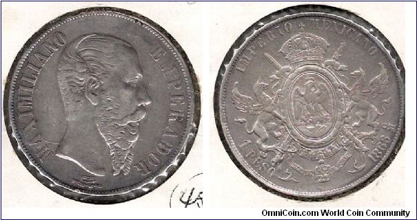 Imperial Mexico, 1 Peso.  Maximillian