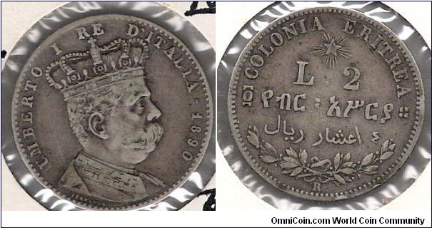 Italian Colony of Eritrea.  2 Lira.  Minted in Rome.