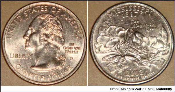 USA, quarter dollar, 2002 Statehood Quarters - Mississippi D