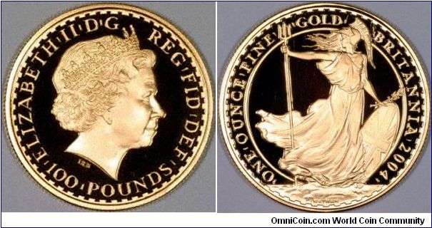Proof version of the 2004 gold one ounce Britannia, for comparison with the non-proof example we just uploaded.