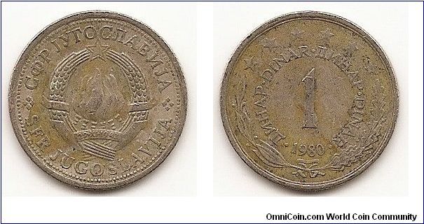 1 Dinar - Socialist Federal Republic - 
KM#59
Copper-Nickel-Zinc, 21.8 mm. Obv: State emblem Rev: Text surrounds denomination within wreath, six stars above Edge: Milled