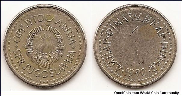 1 Dinar - Socialist Federal Republic - 
KM#142
Copper-Nickel-Zinc Obv: State emblem Rev: Text surrounds
denomination Edge: Milled