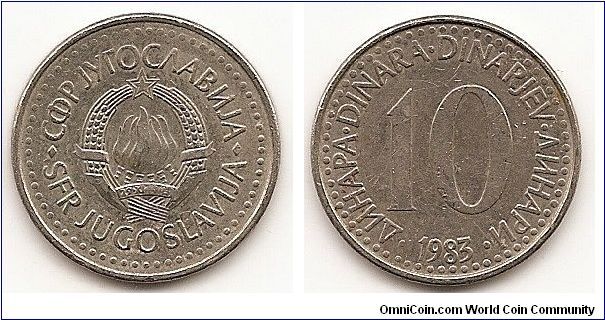10 Dinara - Socialist Federal Republic - 
KM#89
5.2000 g., Copper-Nickel, 23 mm. Obv: State emblem Rev: Text surrounds denomination Edge: Milled