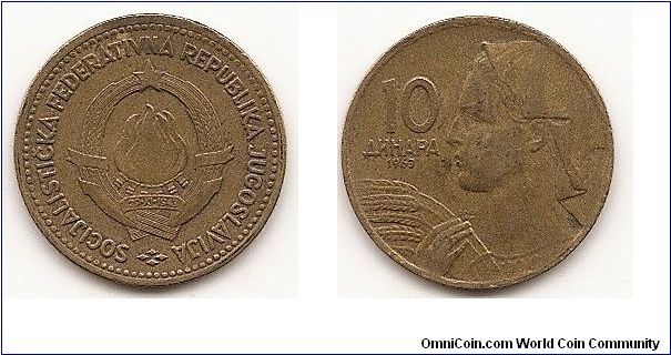 10 Dinara - Socialist Federal Republic - 
KM#39
Aluminum-Bronze, 21 mm. Obv: State emblem Rev: Hand holding grain stalks below head left Edge: Milled