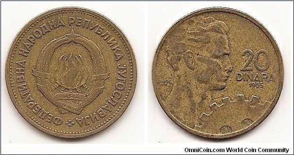 20 Dinara -Federal People's Republic-
KM#34
Aluminum-Bronze, 25.5 mm. Obv: State emblem Rev: Head at
left looking right, cogwheel lower right Edge: Milled