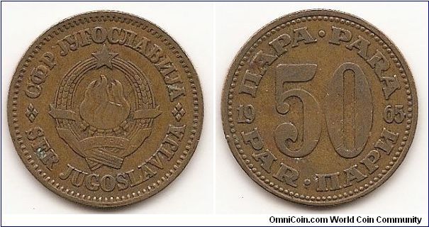 50 Para -Socialist Federal Republic-
KM#46.1
Copper-Zinc, 25.5 mm. Obv: State emblem Rev: Denomination
divides date Edge: Milled