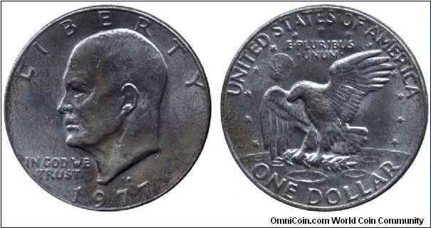 USA, 1 dollar, 1977, Cu-Ni, Eisenhower, Eagle landing on Moon.                                                                                                                                                                                                                                                                                                                                                                                                                                                      