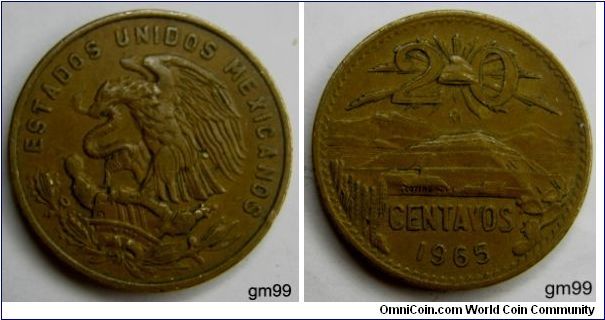 20 Centavos (Bronze) : 1955-1971
OBVERS: Eagle standing left on cactus, snake in beak, ESTADOS UNIDOS MEXICANOS
REVERSE: Cap with rays above mountains with cactus left and right in foreground,
 20 CENTAVOS date