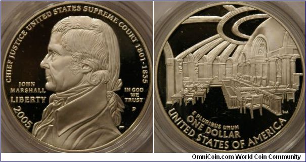 Chief Justice John Marshall commemorative dollar.  A key figure in ensuring the balance of the three branches of the US government.  250th anniversary of his birth.  Reverse shows the old supreme court chamber in the US Capitol.