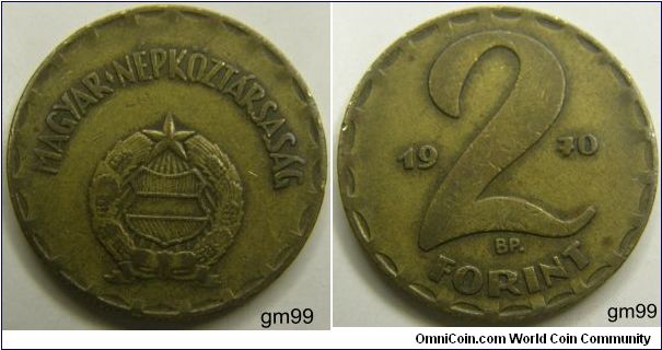 2 Florint (Brass) : 1970-1989
Obverse: Shield on globe with wreath around and star above,
MAGYAR NEPKOZTARSASAG
Reverse: Value and date,
date 2 FLORINT