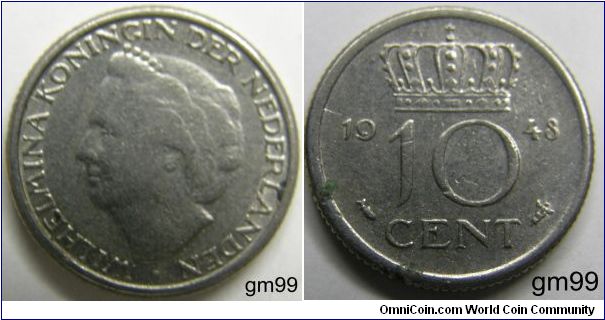 10 Cents (Nickel) Obverse: WILHELMINA KONINGIN DER NEDERLANDEN
Reverse: Crown over legend
R date 10 CENT