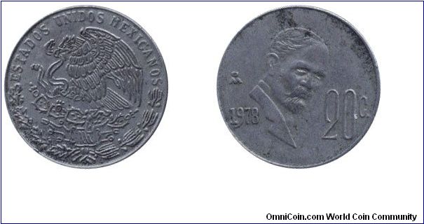 Mexico, 20 centavos, 1978, Cu-Ni, Francisco Madero.                                                                                                                                                                                                                                                                                                                                                                                                                                                                 