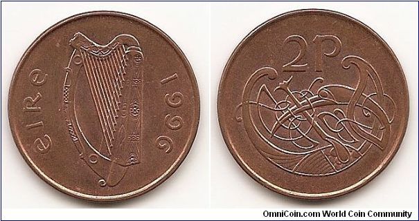 2 Pence
KM#21a
7.1200 g., Copper Plated Steel, 25.9 mm. Subject: Styilized
bird detail from the Second Bible of Charles the Bald Obv: Irish
harp Rev: Styilized bird Edge: Plain