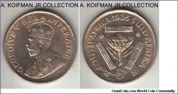 KM-15.2, 1935 South Africa (Dominion) 3 pence; silver, plain edge; late George V, last type, good very fine, possibly cleaned.