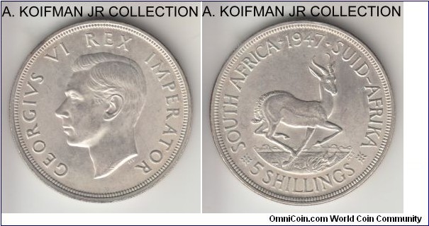 KM-31, 1947 South Africa (Dominion) 5 shillings; silver, reeded edge; George VI, first South African crown, borderline uncirculated, toned, almost matte looking.