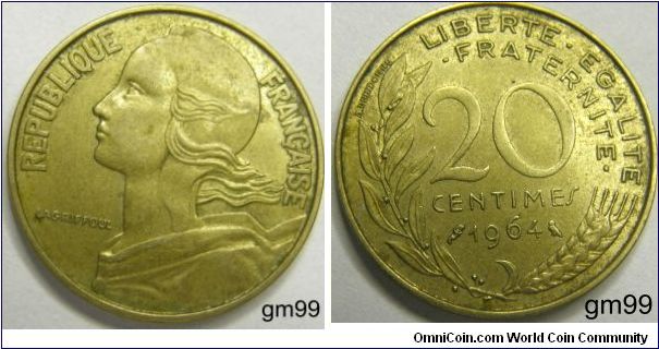 20 Centimes (Aluminum-Bronze) Obverse: Liberty right,
REPUBLIQUE FRANCAISE
Reverse: Stalk and wheat ear,
LIBERTE EGALITE FRATERNITE 20 CENTIMES date