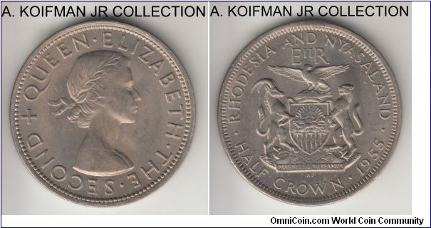 KM-7, 1955 Rhodesia & Nyasaland half crown; copper-nickel, reeded edge; Elizabeth II, choice uncirculated, light overall toning.