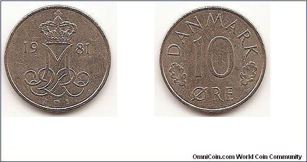 10 Ore
KM#860.2
3.0000 g., Copper-Nickel, 18 mm. Ruler: Margrethe II Obv:
Crowned MIIR monogram divides date, mint mark and initials BB
below Rev: Value flanked by oak leaves