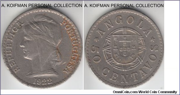 KM-65, 1922 Portuguese Angola 50 centavos; nickel, reeded edge; good fine to very fine, definitely cleaned up in the past, as almost all of them were.