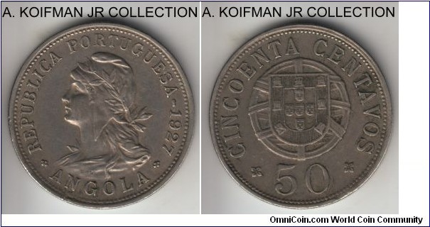 KM-69, 1927 Portuguese Angola 50 centavos; copper nickel reeded edge; 2-year heavily circulated type, very fine or so.