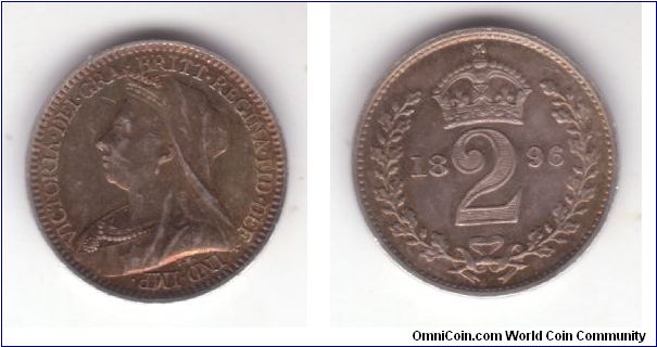 KM-776, Great Britain 1896 maundy 2 pence; proof like nicely toned.