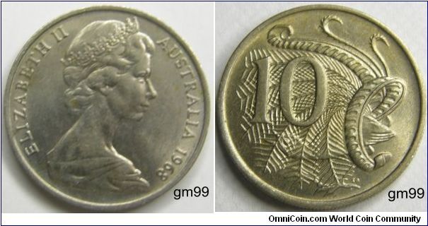 10 Cents (Copper-Nickel) : 1966-1984
Obverse: Crowned head of Queen Elizabeth II right,
ELIZABETH II AUSTRALIA date
Reverse: Superb Lyre-bird, 
10