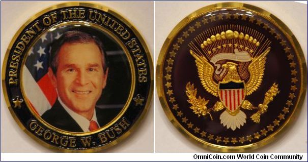 President Bush and presidential seal coin.  Proceeds of coin went to help the victims of 9/11.  50 mm.