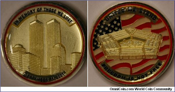 9/11 memorial coin.  Proceeds of sale went to help the victims of the September 11, 2001 attack.  44 mm.
