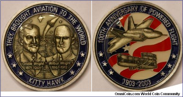 Wright Brothers commemorative coin marking the 100th anniversary of flight. 50 mm